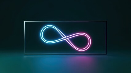 Glowing neon infinity symbol in blue and pink light on a dark reflective surface