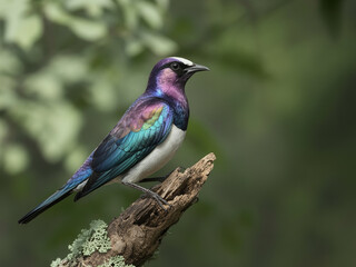 Fototapeta premium Stunning violet-backed starling perched gracefully on a branch, its iridescent plumage shimmering in the light, a vibrant touch of wildlife beauty for nature lovers