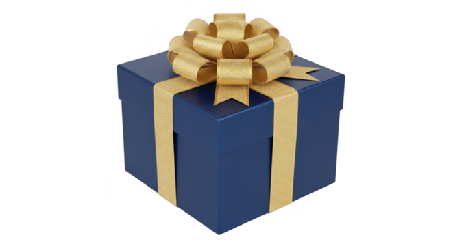 Blue gift box with golden bow isolated on transparent background
