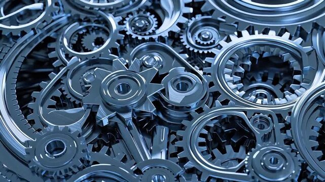 Complex Mechanical Gears System Working in Blue Metallic Tone, Futuristic Engine Part, Clockwork or Heavy Industry Abstract Background