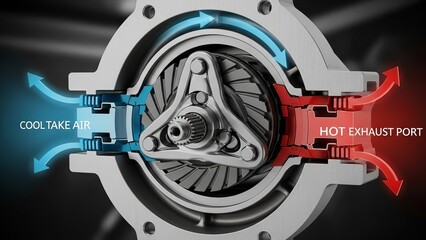 Crosssection view of a mechanical device showing airflow with cool intake and hot exhaust in a detailed engineering illustration
