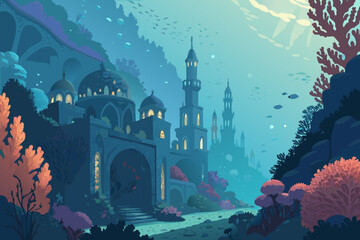 Crisp Underwater Fantasy City With Glowing Coral Professional Photo