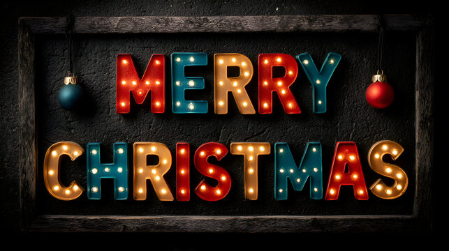 Merry Christmas Colorful Letters with Ornaments on Dark Background