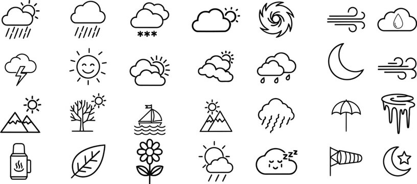Minimalist line art icon set featuring various weather phenomena, nature, and outdoor themes