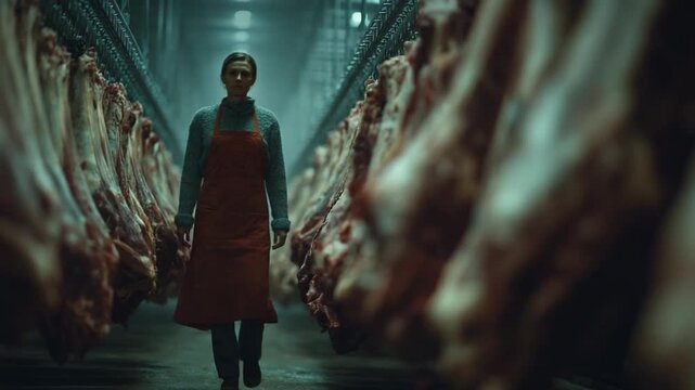 Processing Plant: Amidst rows of suspended carcasses, a worker strides through a chilling industrial environment, highlighting the somber reality of food production