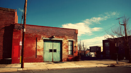 An old brick warehouse with a weathered green loading door sits on a city corner under a clear blue sky dotted with wispy clouds in a quiet urban landscape.