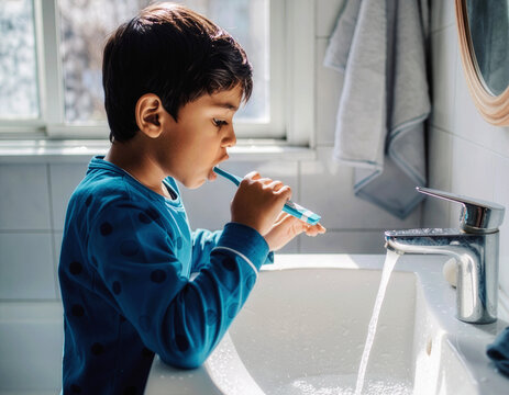 boy brushing teeth and unaware of the running water, save water concept
