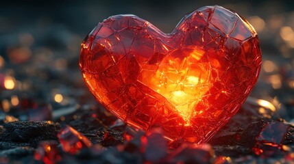 Broken heart, fiery glow, shattered glass