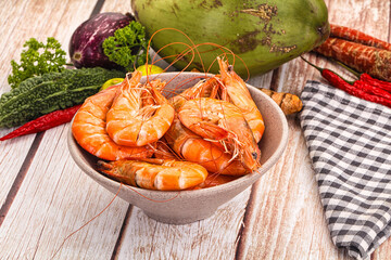Tasty hot big boiled prawns