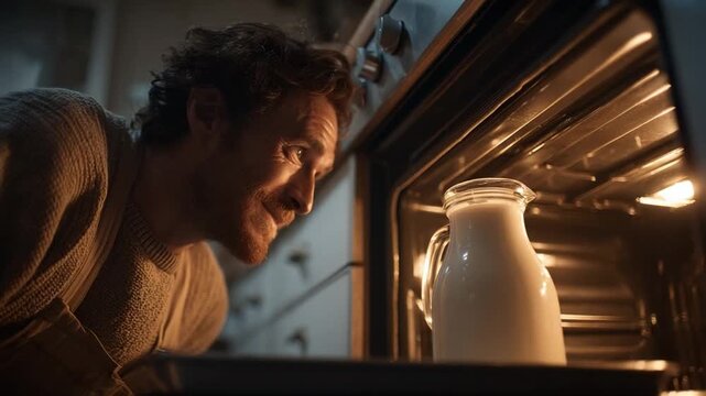 Oven Observation: A curious individual intently gazes at a jar of milk resting inside a warm oven, a scene of anticipation and culinary creativity.