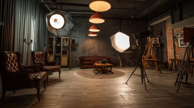 An impressive photography studio showcases professional lighting equipment, leather armchairs, a stylish sofa, and artistic elements creating inspi setting. - Powered by Adobe