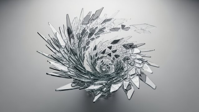 Abstract swirling metallic shards and fragments forming a dynamic spiral on a grey background