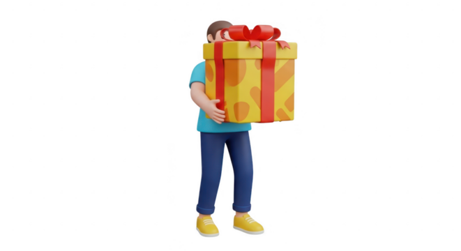 3d cartoon boy holding a large gift box isolated on transparent background