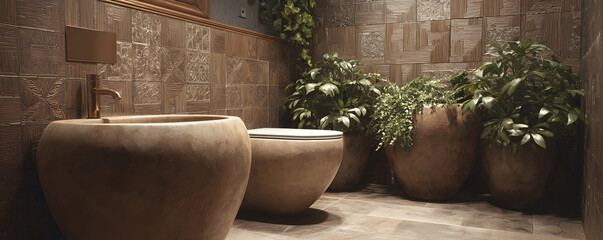 Eco-friendly living with earth tone sustainability. Stylish bathroom with plants in decorative pots and modern fixtures.