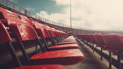 Rows of vibrant red stadium seats stretch into the distance beneath a bright sky, suggesting anticipation for an upcoming sporting event or concert experience.