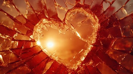 Broken heart shape in shattered glass, sunset