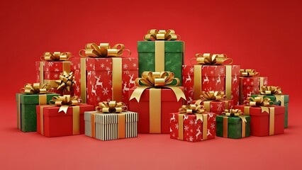A vibrant pile of beautifully wrapped christmas presents with gold ribbons against a festive red background