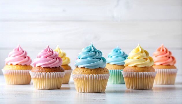 Row of colorful cupcakes with pastel frosting on a white wooden background, perfect for celebrations.