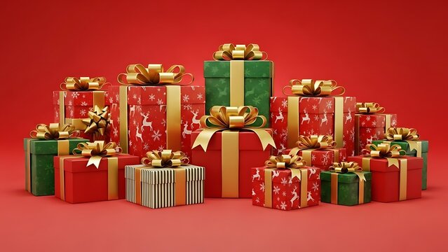 A vibrant pile of beautifully wrapped christmas presents with gold ribbons against a festive red background