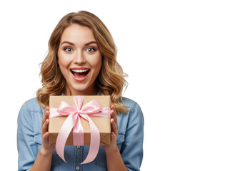 Excited young woman holding a gift box with a pink ribbon, isolated on transparent background