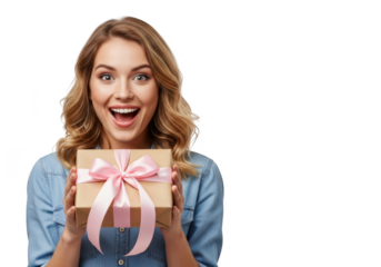 Excited young woman holding a gift box with a pink ribbon, isolated on transparent background