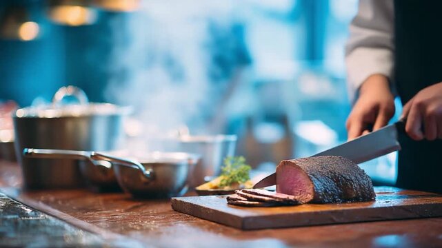Culinary Craft: A chef expertly slices a succulent piece of roasted meat in a professional kitchen, steam rising around him, highlighting his focus and expertise.