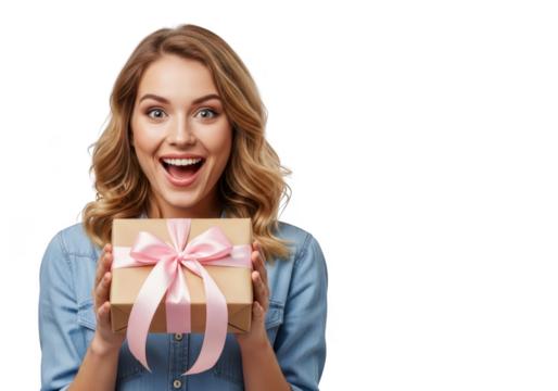 Excited young woman holding a gift box with a pink ribbon, isolated on transparent background