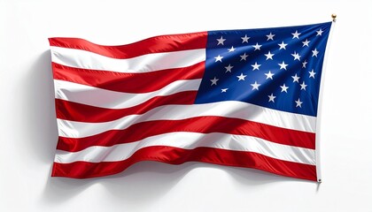 "American flag waving on flagpole against white background, symbolizing national pride and unity."