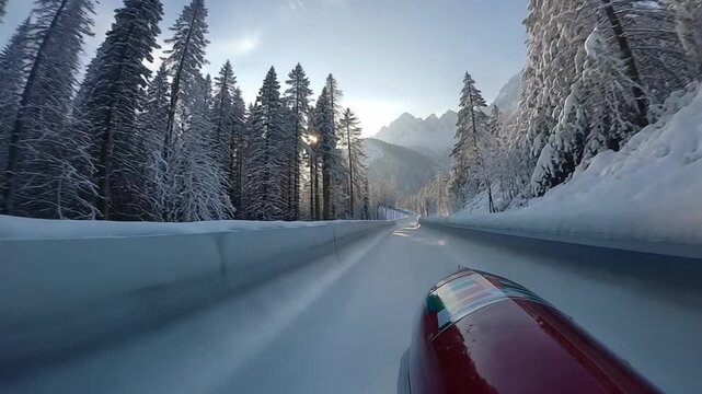 Bobsled on Snowy Track: Experience the exhilarating speed of a bobsled hurtling down a snowy track, surrounded by majestic snow-covered trees and mountains.