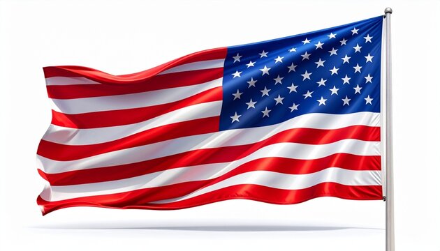 "American flag waving on flagpole against white background, symbolizing national pride and unity."