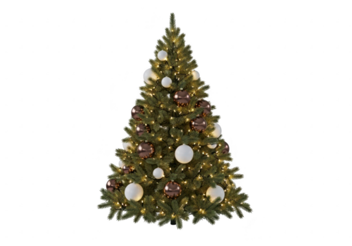 Decorated christmas tree with white and bronze ornaments isolated on transparent background