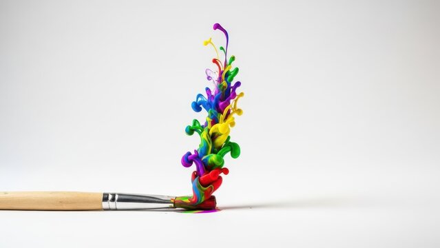 Paintbrush with vibrant multicolored ink splashes creating an abstract explosion of color