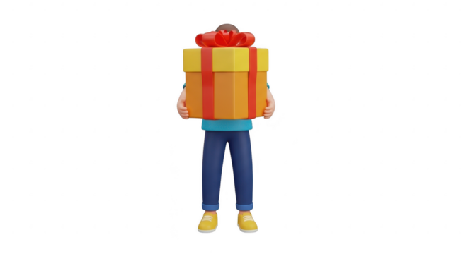 3d render of a person holding a gift box, isolated on transparent background