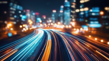 Abstract Light Trails Illustrating Project Management Concept, Faceless Business Professionals in Urban Environment, Bokeh City Lights