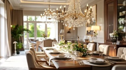 A luxurious dining room with a long table, chandelier, and elegant place settings