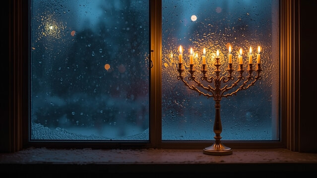 Festive Menorah Illuminated by Candlelight on a Snowy Evening Window View