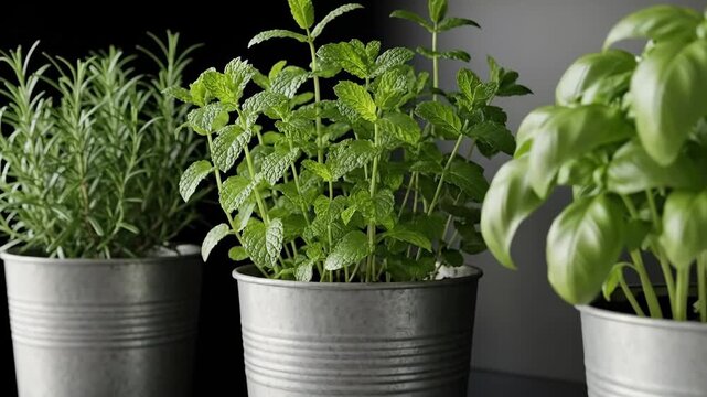 Three Potted Herbs Rosemary Mint And Basil In Galvanized Metal Containers On A Shelf With Dark Background