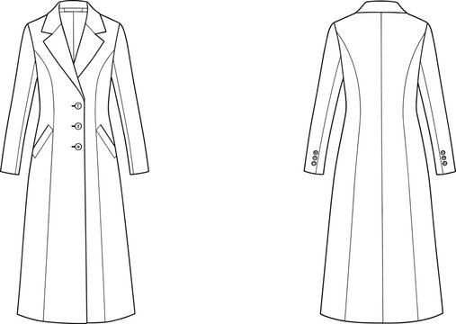 Women's long coat technical flat sketch, front and back view, notched lapel, three button closure, welt pockets, tailored fit, fashion illustration, vector drawing