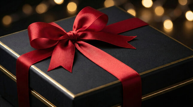 Elegant black gift box with red ribbon bow against bokeh lights - Powered by Adobe