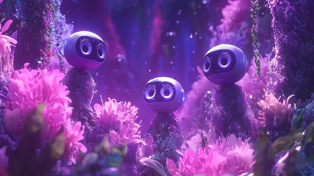 Curious spherical AI robots observe a magical glowing purple forest with bioluminescent flowers and ethereal light, a futuristic fantasy scene. - Powered by Adobe