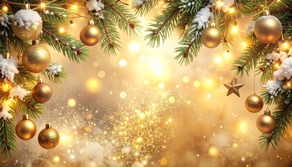 Festive Holiday Scene Golden Ornaments background, Evergreen Branches, and Warm Bokeh Lights