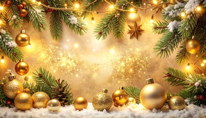Festive golden Christmas background with sparkling fairy lights, elegant baubles, and snowy pine branches, evoking a warm and magical holiday spirit perfect for seasonal greetings and celebrations
