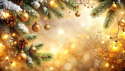 gold Warm and inviting Christmas background branches adorned with golden ornaments and sparkling lights, creating a festive holiday atmosphere