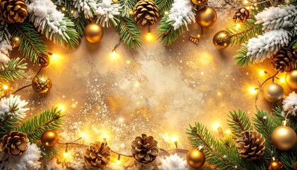 gold Christmas Frame background with Golden Ornaments and Evergreen Branches