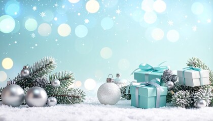 Elegant winter christmas holiday display with sparkling gift boxes, classic silver ornaments, and frosted fir branches nestled in soft snow against a magical bokeh light backdrop