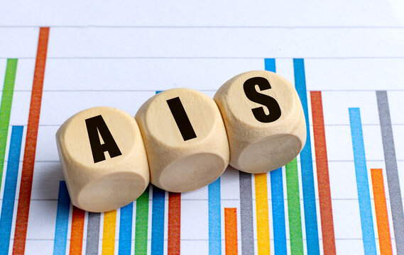  AIS word on wooden round blocks over a multicolored financial bar chart