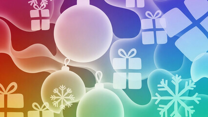 Festive holiday background with glowing christmas ornaments, gift boxes, and snowflakes in a vibrant, abstract rainbow gradient.