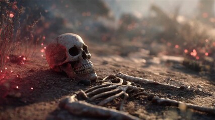 A human skeleton and skull lie partially buried in dry, dusty ground with glowing embers - Powered by Adobe