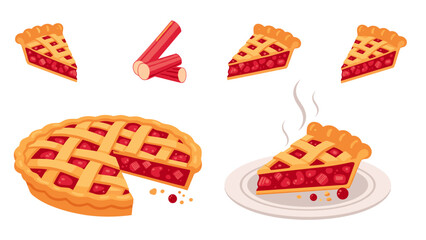 Homemade rhubarb pie slices and whole pie, dessert baking illustration, sweet and tasty treat