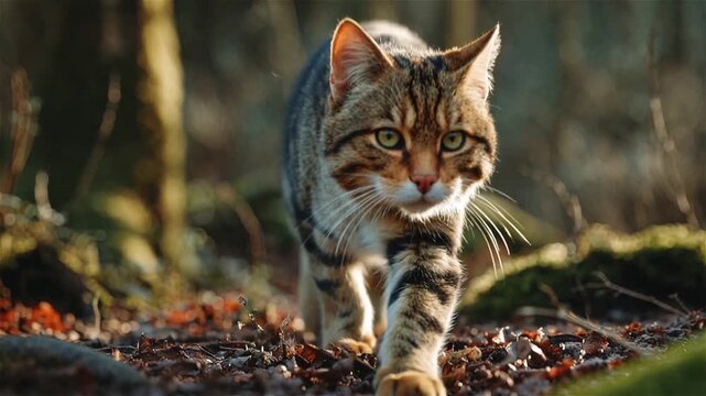 European wildcat stalking through a sunlit, mossy forest floor in winter